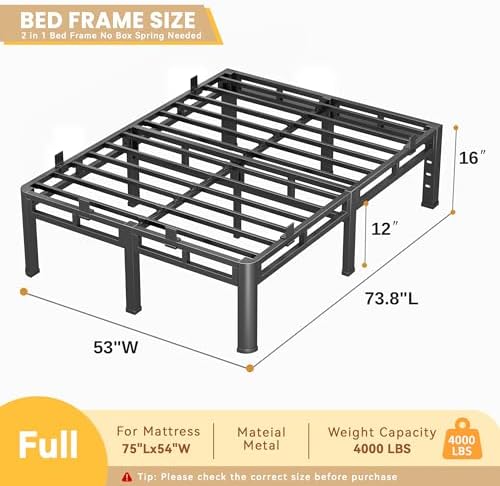 Full Size Bed Frame Metal,14 Inch Heavy Duty Double Layer Platform Black | Easy Assembly,Noise Free,4000lbs Capacity,6 Mattress Stoppers,Round Corner Legs,Headboard Holes,Anti-Slip Rubber Foot Pads