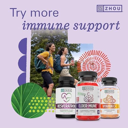 ZHOU Nutrition Elder-Mune Sambucus Elderberry Gummies with Zinc and Vitamin C for Kids & Adults (Age 4+) Immune Support with Antioxidants, Vegan, Gluten Free, Non-GMO, 30 Servings, 60 Gummies | Daily Immune Support Supplement for Women & Men, Chewable Na…