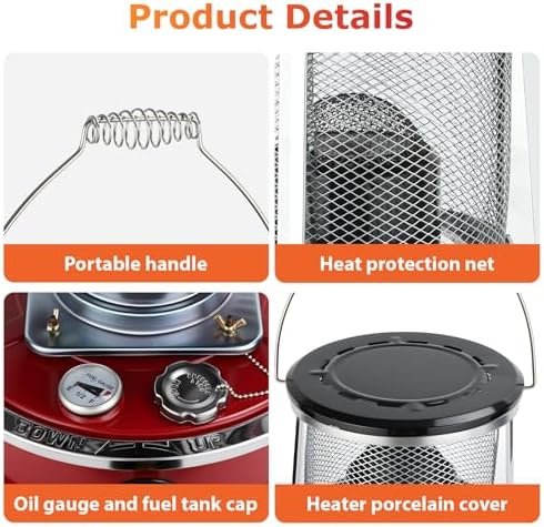 Indoor Kerosene Heater, Portable Kerosene Heater for Camping and Emergency, 9000 BTU 2400W Output with 1.21 Gallon Fuel Tank, 18–22 Hour Burn, 0.2–0.24L/H Consumption (Red)