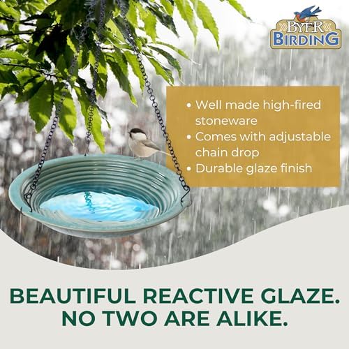 BYER OF MAINE Circles Hanging Bird Bath, Porcelain, Glaze Finish, Adjustable Chain, Sandy Granite, 14”x14”x34” adj