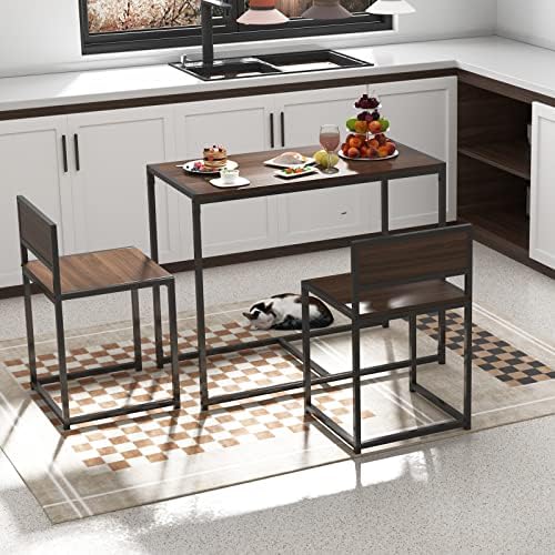 soges 3 Piece Dining Set for 2, Small Dining Table Set with 2 Chairs, Walnut Kitchen Table for Small Spaces, Breakfast Nook Set