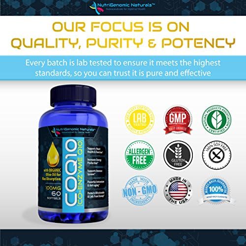 CoQ10, Coenzyme Q10, Highest Absorption with Organic Olive Oil, 100mg, 60 Softgels, Ubiquinone, Ubiquinol, Supports Heart Health. Pure, Natural