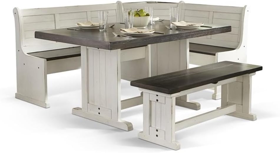 Carriage House Wood Breakfast Nook Set, Off White and Dark Brown Finish, Mahogany Base, Hidden Storage Benches, Reversible Design