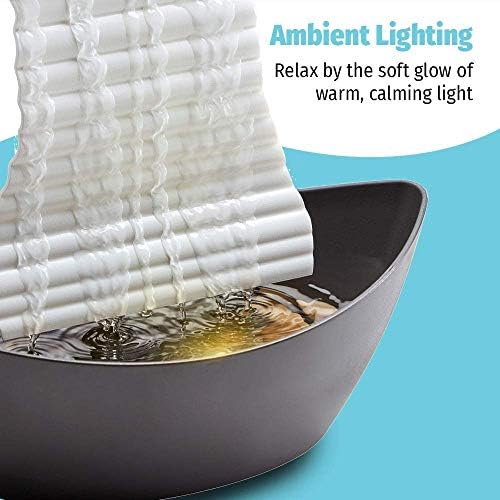 Homedics White Waters Relaxation Indoor Tabletop Fountain, Ambient LED Lighting and Natural Waterfall Sounds for Home, Office, Bedroom, Desktop