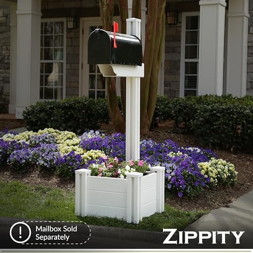 Zippity Majestic Mailbox Post w/Planter Box, White Vinyl DIY No Dig Kit | 1 Post + Planter Box, Mailbox Sold Separately, ZP19027