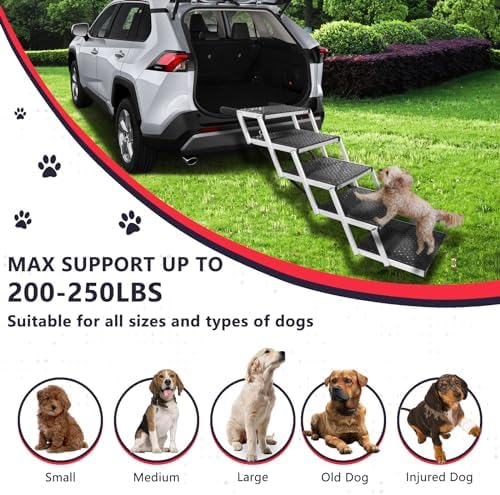 Dog Ramps for Small & Big Dogs Portable Folding Pet Stairs with Nonslip Surface Foldable Truck Ramp Stairs for Car, SUV and Trucks, Supports Up to 250LBS, 6 Steps