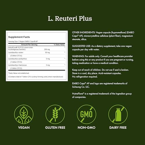Swanson L. Reuteri Probiotic Plus, 7 Billion CFU, 30 Vegan Capsules | With Lactobacillus Rhamnosus, Acidophilus, and FOS Prebiotic for Gut-Health-Conscious Adults, Full-Spectrum Support