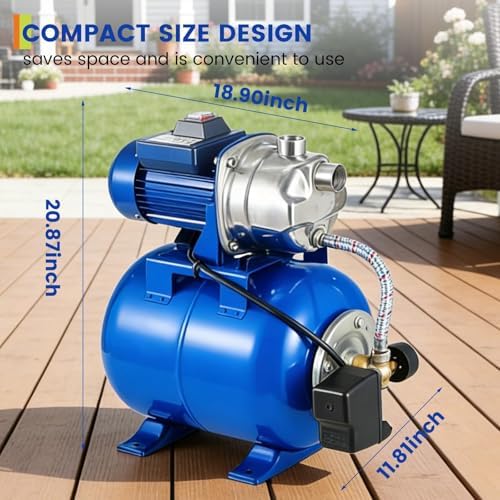 1HP Stainless Steel Water Transfer Pump with Well Pressure Tank – Shallow Well Pump & Irrigation Pump Combo, 130ft Max Lift, 20ft Suction Lift, Automatic Pressure Switch for Farm Use