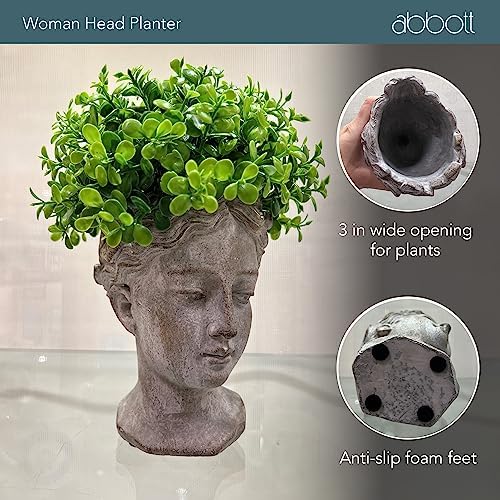 Abbott Collection Large Woman Head Planter | Hand-Finished Greco-Roman Style, Indoor & Outdoor, For Flowers & Succulents, Cement, Gray, 10"H