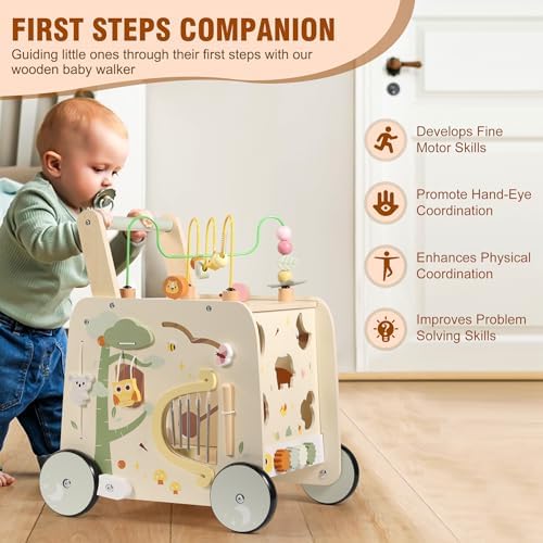 Pithfor Wooden Activity Cube Push Walker, Wooden Baby Walker, Montessori Push Toys for Babies Learning to Walk & Sit-to-Stand