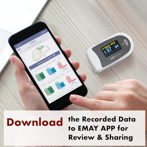 EMAY Sleep Oxygen Monitor with Built-in Recording Capability | Track Continuous Blood Oxygen Levels & Pulse Rate Overnight | Provides Sleep Report &