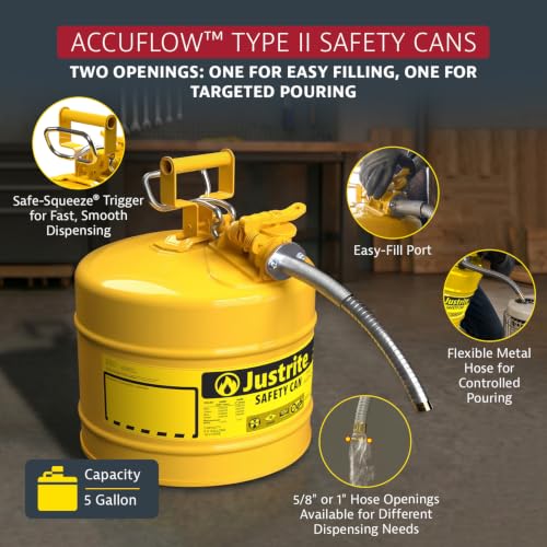 Justrite Type II Diesel Fuel Can, Yellow Galvanized Steel, FM Approved | Flammable Liquid Storage Can with Controlled Pouring, 5 Gallon Capacity