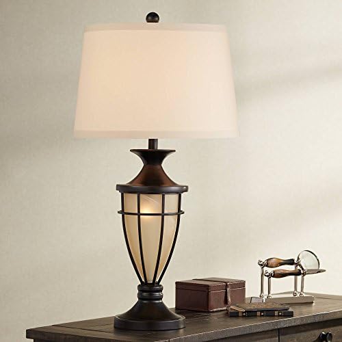 Cage 33" Large Table Lamp Mission Night Light Champagne Nightlight | Brushed Bronze Brown Iron Glass Living Room Bedroom House Bedside Nightstand Home Office Entryway Beige Drum