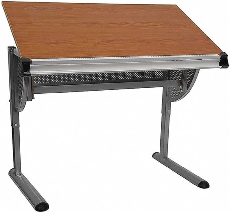 Flash Furniture Berkley Adjustable Drawing and Drafting Table with Pewter Frame | Adjustable Angle Surface, Raised Metric Ruler Border
