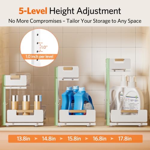 Delamu Under Sink Organizer Kitchen, 2-Tier Pull-Out Cabinet Shelf, 2-Pack | 2-Tier Smooth Slide, 5 Adjustable Heights, Anti-Tip Suction Cups