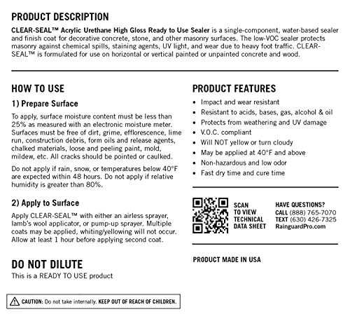 Rain Guard Water Sealers - CLEAR-SEAL - Professional Sealer and Finish Coat For Decorative Concrete, Stone