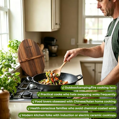 Flat Bottom Cast Iron Wok with Lid 14 Inch,Pre-Seasoned Non Toxic Cast Iron Kadai,Chinese Japanese Wok double handle for Induction and Open Fire