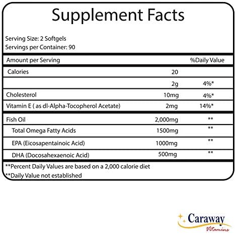 Omega 3 Fish Oil 2, 000mg- Pharmaceutical Grade. 1000mg EPA 500mg DHA. Burpless Capsules with No Fishy Aftertaste. All Natural, Organic, Non GMO