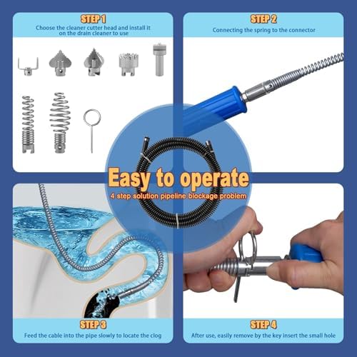 Drain Snake, Drain Auger with Drill Attachment, 16.4 Feet By 5MM Plumbing Snake Auto Feed Flexible Hair Drain Clog Remover for Kitchen, Bathrom and Shower Sink with Gloves
