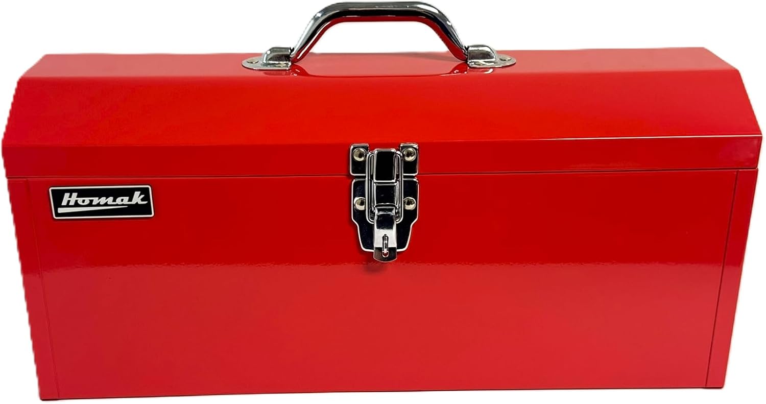 Homak Tool Box, 16" Portable Steel Small Tool Box with Metal Latch Closure & Plastic Handle, Multi-Purpose Heavy Duty Toolbox, Red