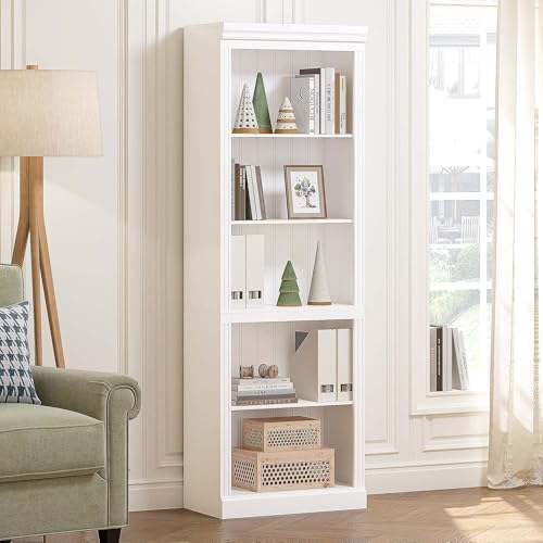 Spirich White Bookshelf, 5-Tier Tall Bookcase with Adjustable Shelves | 13.4-Inch Depth, Anti-Tip Device, Water-Based Finish, FSC-Certified Wood