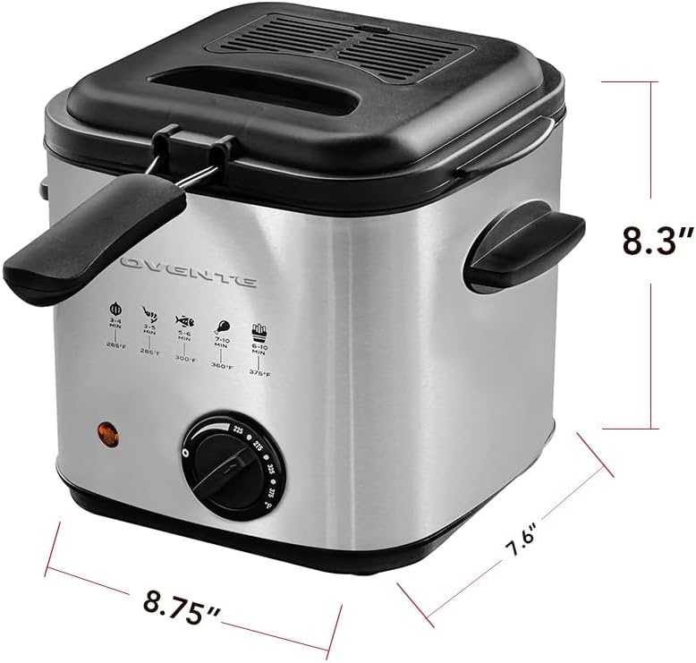 OVENTE Electric Deep Fryer, 0.9L Capacity, 840W, Silver FDM1091BR | Adjustable Temperature Knob, Locking Lid, Removable Frying Basket and Cool Touch Handle, Easy to Clean Stainless Steel Body