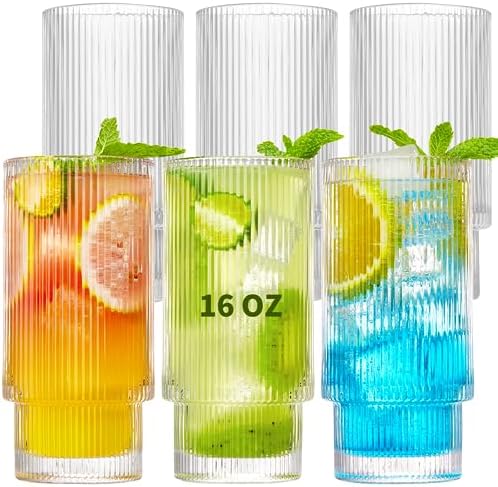 Qipecedm® 6 Pack Ribbed Drinking Glasses, 16 oz Vintage Glass Cups, Highball Glasses, Premium Iced Coffee Glasses, Clear Glass Tumbler