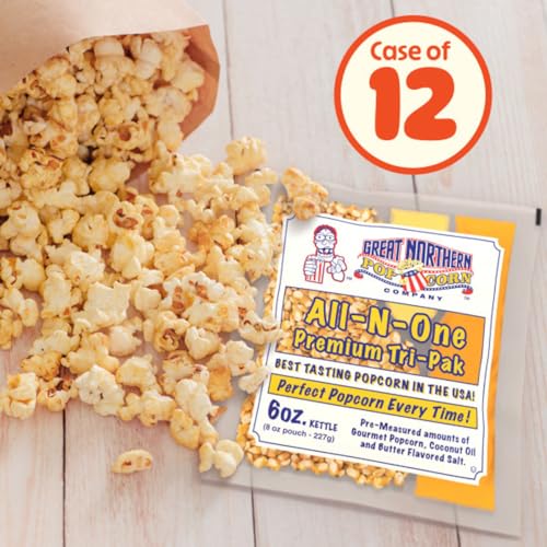 Great Northern Popcorn Movie Theater Style 6oz Popcorn Packs, 12 Case | All-in-One Pre-Measured Kernels, Butter Flavored Salt, and Coconut Oil Packs for 6oz Kettle - Movie Night Supplies