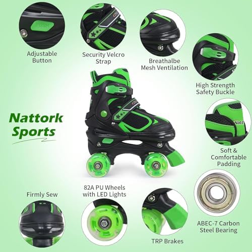 Nattork Kids Roller Skates for Boys Girls Kids, 4 Sizes Adjustable Quad Skates with All Light up Wheels - Birthday Gift for Indoor Outdoor Sports