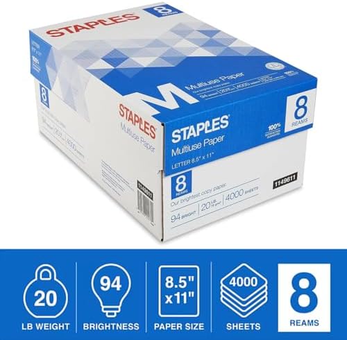 Staples Multipurpose Copy Paper, 8.5x11, 20lb, 94 Bright, 10 Reams/Carton | 5,000 white sheets total. Smooth finish reduces jams in copiers, laser & inkjet printers.
