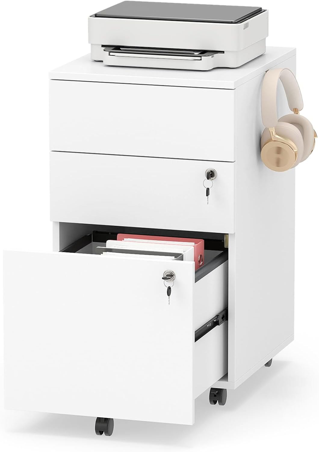 Mobile File Cabinet with 3 Drawers, Wooden Rolling Filing Cabinet with Lock, Under Desk File Organizer for A4/Letter/Legal Size, for Home Office, Study (White)