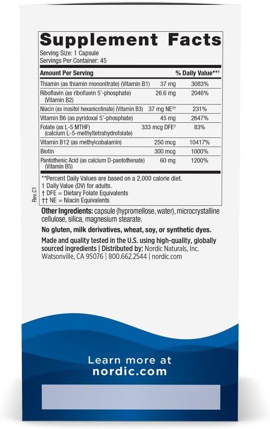 Nordic Naturals Vitamin B Complex, Energy Metabolism - 45 Capsules | 8 essential B vitamins: B1 Thiamine, B2 Riboflavin, B3 Niacin, B6, B12, B9 Folate