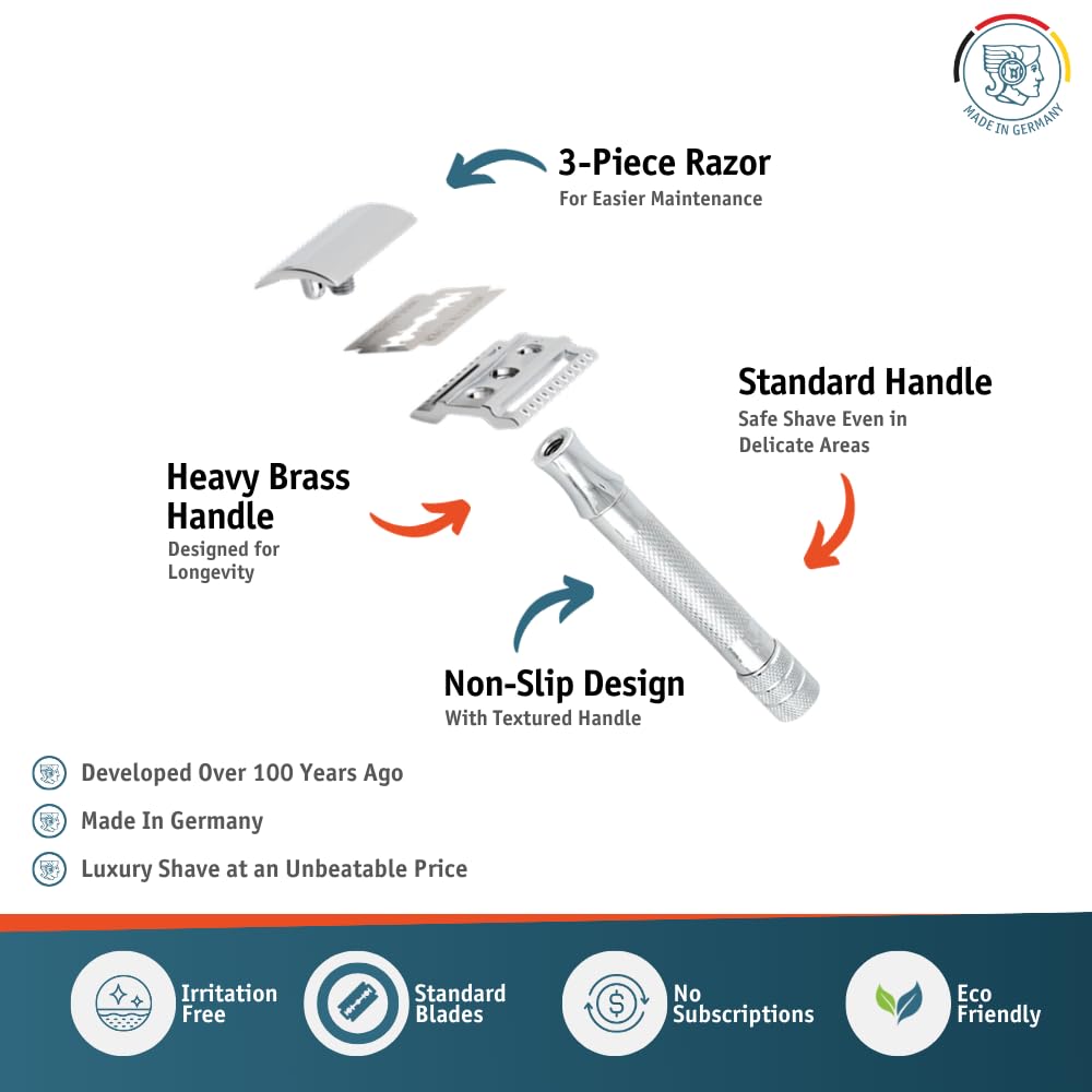 MERKUR 23C Double Edge Safety Razor - Polished Chrome, Long Knurled Brass Handle, Made in Germany, Plastic-Free, Three Piece Design, Closed Comb, Straight Bar