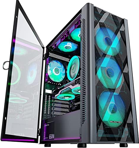 MUSETEX ATX PC Case Pre-Install 6 PWM ARGB Fans, Polygonal Mesh Computer Gaming Case, Opening Tempered Glass Side Panel Mid-Tower Case, USB 3.0 x 2
