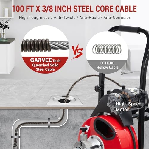 GarveeTech Auto Feed 100 ft x 3/8 in Drain Cleaner Machine with 250W Motor | Portable Sewer Snake Auger with 8 Cutters & Air-Activated Foot Switch, Fits 1 in to 4 in Pipes, Black & Red