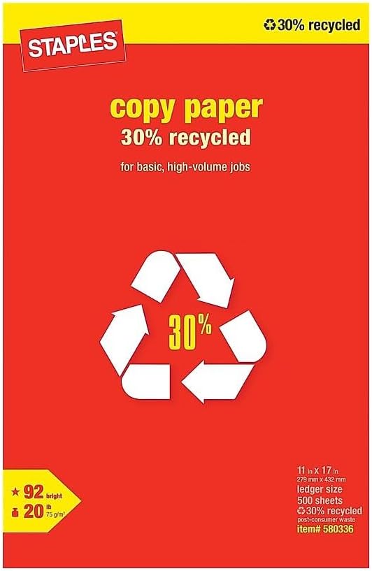Staples 30% Recycled 8.5-Inch X 11-Inch Copy Paper 20 Lbs 92 Brightness 500/Ream, For Office, School & Home