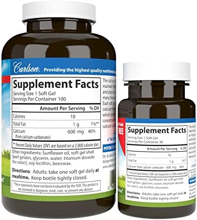 Carlson Cal-600, 600 mg, Calcium, Liquid Filled, 100 + 30 Softgels | Bone Support; Healthy Teeth; Optimal Wellness