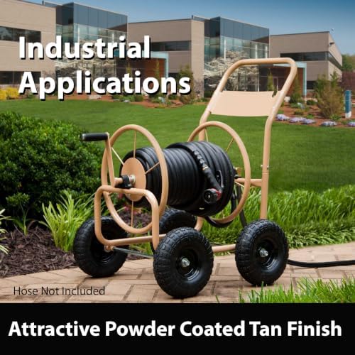 Liberty Garden Industrial 4 Wheel 300 Foot of 0.625 Inch Hose Steel Frame Water Hose Reel Cart for Backyard, Garden, or Lawn, Beige