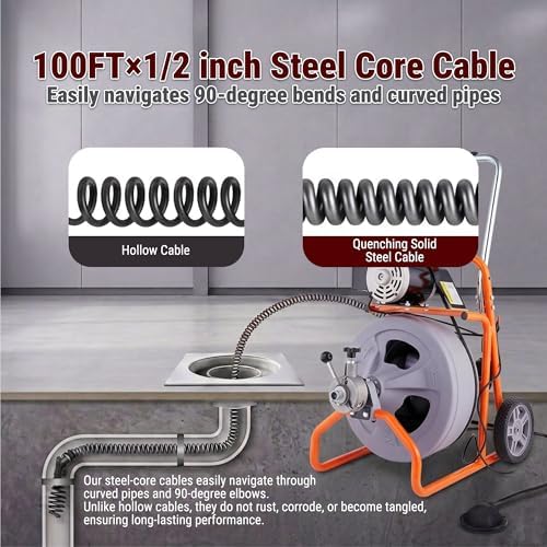 HoldwellS 50FT x 5/16 Inch Drain Cleaner Machine, Electric Drain Auger for 3/4"-3" Pipes, Sewer Snake Auger with 4 Cutters & Pneumatic Foot Switch