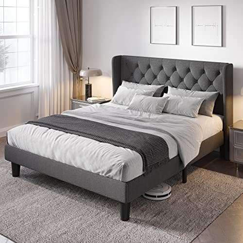 Allewie Queen Bed Frame with Button Tufted Wingback Headboard, Dark Grey | Modern Upholstered Platform Bed Frame, Strong Wood Slat Support