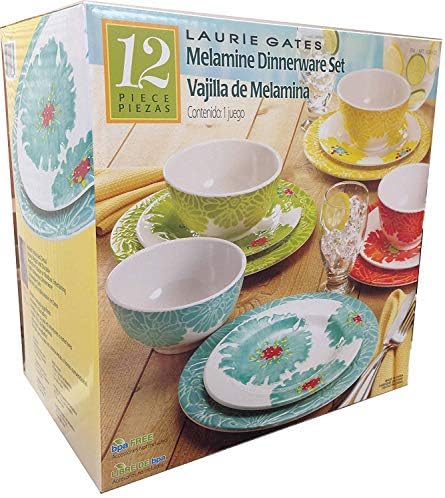 Laurie Gates - 12 Piece Melamine Dinnerware Set (Red, Yellow, Green, Blue)