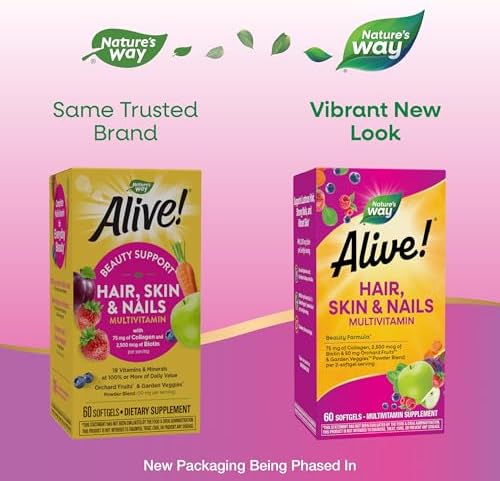 Nature's Way Alive! Hair, Skin and Nails Multivitamin, with Collagen, 60 ct | 75 mg Collagen and 2, 500 mcg Biotin per 2-Softgel Serving