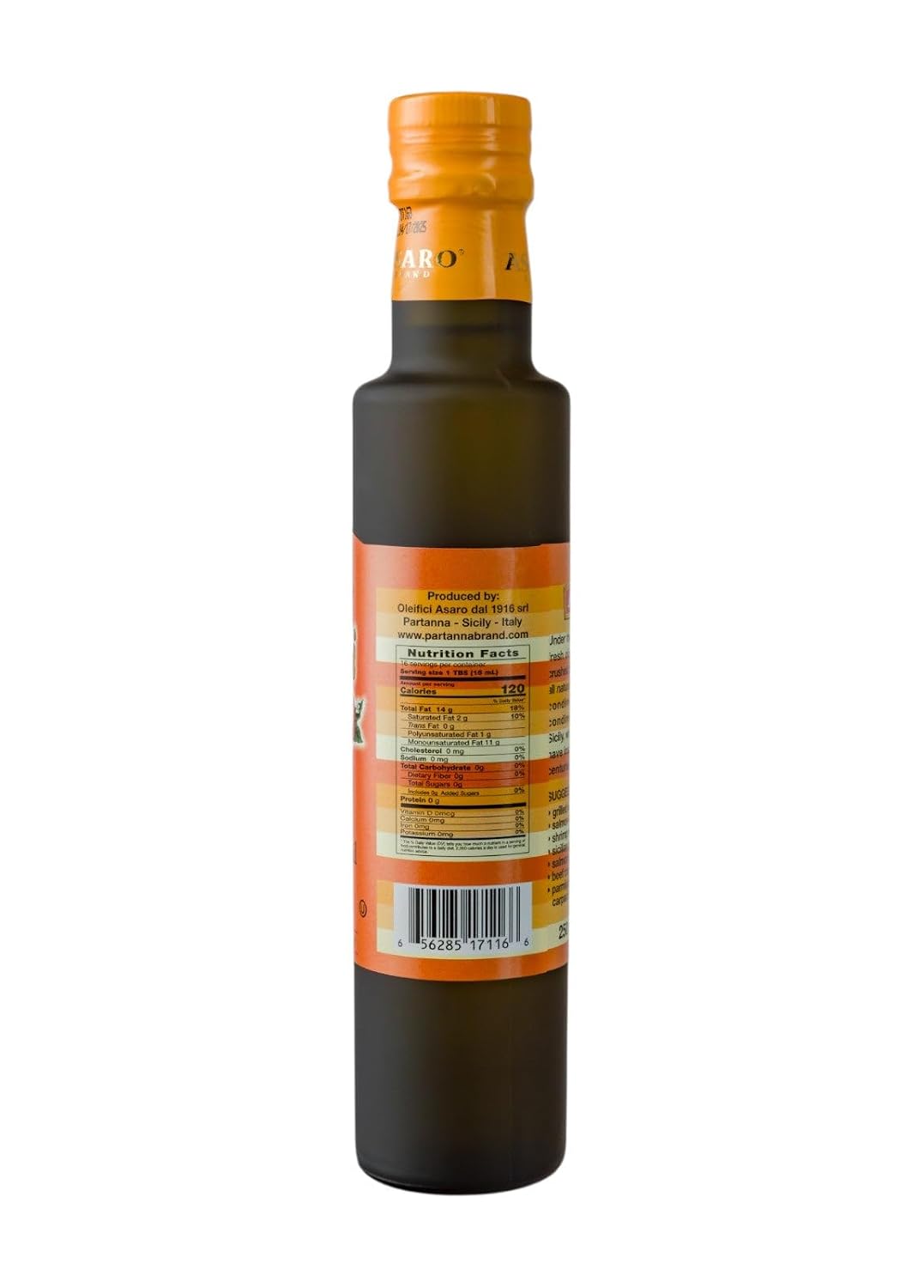 Partanna Extra Virgin Olive Oil, Sicilian Moro Orange, 8.45 oz | Co-pressed, Naturally Aromatic, Harvested in Sicily, First Cold Pressed, Glass Bottle