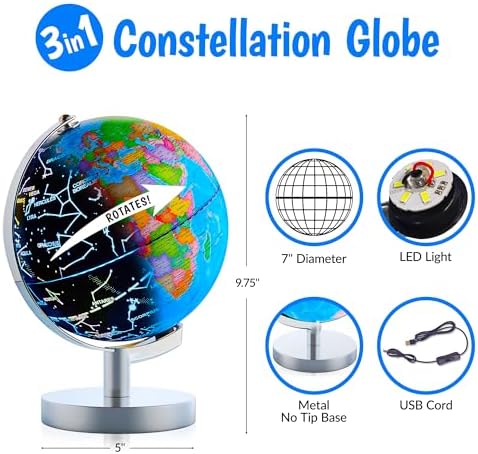USA Toyz Illuminated World Globe with Stand - 3in1 STEM Globes for Adults and Kids, Constellation Map, Built-In LED Night Light Lamp, Easy to Read Texts, Non-Tip Base, 13.5 Inch Tall, 9 Inch Diameter