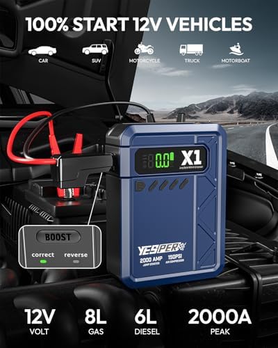 YESPER Jump Starter with Air Compressor 2000A 150PSI Battery Jumper Starter Portable(8L Gas/6L Diesel), 12V Car Jump Pack Battery Charger Jump Box with Jumper Cables, LCD Display, Lights | 2000A Battery Jumper Starter Portable(8L Gas/6L Diesel), Car Batt…
