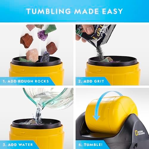 National Geographic Starter Rock Tumbler Kit for Kids and Adults | Leak-Proof Rubber Barrel, 1/2 Lb. Rough Gemstones, 4-Stage Polishing Grit