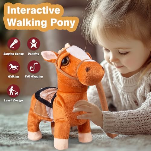 Marsjoy Walking Pony Toy Musical Singing Dancing Plush Interactive Pony Walk Along Horse with Leash Plush Stuffed Animal Shaking Head Buttocks Toy