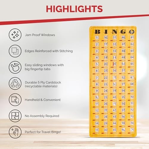 MR CHIPS Large 14.75" L x 6.75" W Jam-Proof Finger Tip Bingo Master Board Card with Large 3/4" Sliding Windows, Thick 5 Ply Cardboard, Gold Rush Style