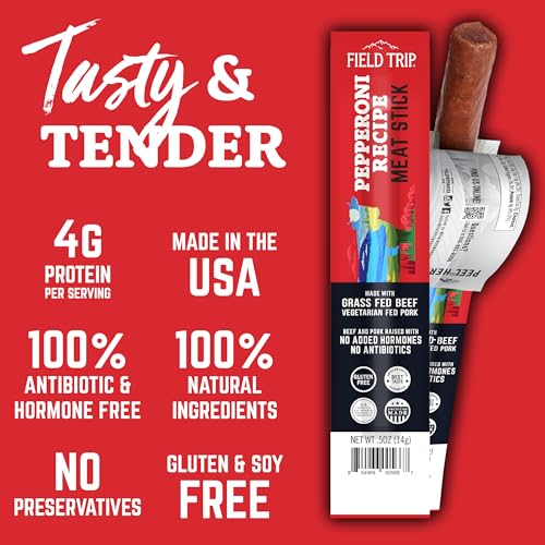 Field Trip Grass Fed Pepperoni Jerky Snack Sticks, Keto, Paleo, Gluten Free, Allergy Friendly Snack, High Protein, 50 Calorie Snack, 0.5oz, 24 Pack | Grass Fed, Keto, Paleo, Gluten Free, Allergy Friendly Snack, High Protein, 50 Calorie Snack
