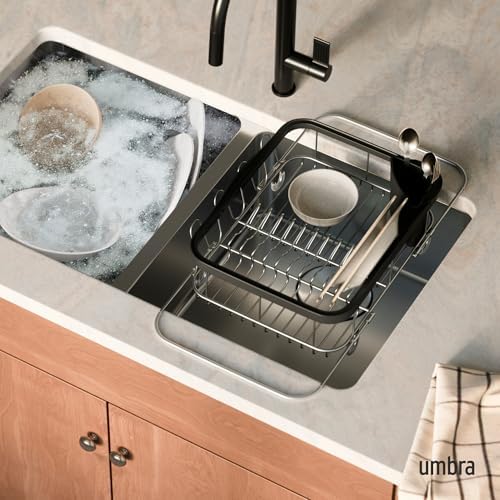 Umbra Sinkin Dish Drying Rack, in Sink or Countertop Drainer, Black/Nickel | Removable utensil holder, non slip rubber feet, fits standard sizes, coated wire and plastic